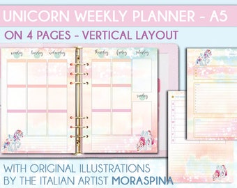 May include: A weekly planner with a vertical layout featuring a unicorn design. The planner is printed on four pages and has a pink, blue, and white watercolour background with glitter accents. The text "UNICORN WEEKLY PLANNER - A5" and "ON 4 PAGES - VERTICAL LAYOUT" is printed at the top of the planner.