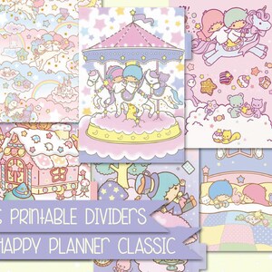 May include: Six printable dividers for a Happy Planner Classic featuring a pastel pink, blue, and yellow color scheme with a Little Twin Stars theme. The dividers feature images of Little Twin Stars riding a carousel, a gingerbread house, a bed with Little Twin Stars sleeping in it, and a cloud with Little Twin Stars riding a unicorn.
