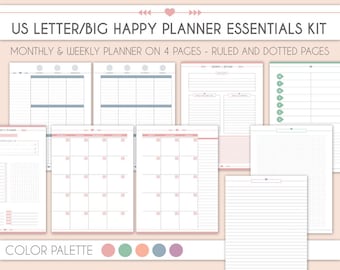 Big Happy planner essential pack, weekly planner monthly planner printable US letter planner inserts Notes Planner kit Planner pack colorful