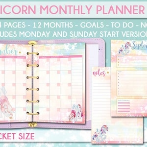 May include: A pink and blue monthly planner with a unicorn design. The planner is pocket-sized and includes 12 months, goals, to-do lists, and notes. It features a watercolor background with stars and a unicorn illustration.