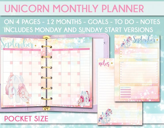 Filofax pocket unicorn monthly planner Printable refills monday start sunday start  inserts notes to do list goals