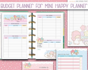 May include: A printable budget planner with a pink and blue color scheme featuring a cartoon character with a star on its head. The planner includes sections for income, expenses, and a shopping list. The text "BUDGET PLANNER FOR MINI HAPPY PLANNER" is at the top of the page.