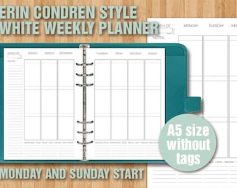 Erin Condren style printable weekly planner - A5 size - WHITE VERSION - sunday and monday start - without tags