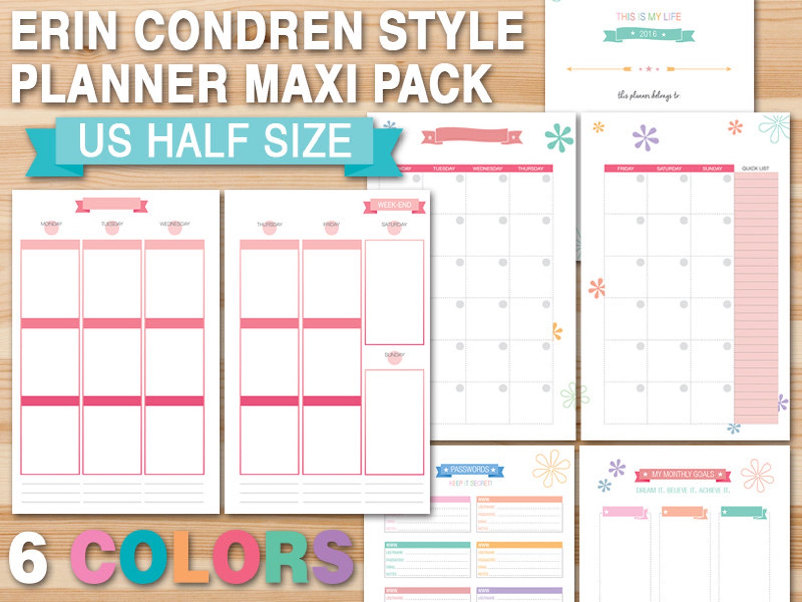 Erin Condren Style Planner Bundle Vertical Layout HALF SIZE Printable ...