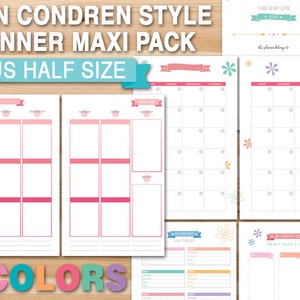 May include: A printable planner maxi pack in US half size with six different color options. The planner includes sections for weekly goals, passwords, and monthly goals. The cover features the text "This is my life 2018" and a floral design.