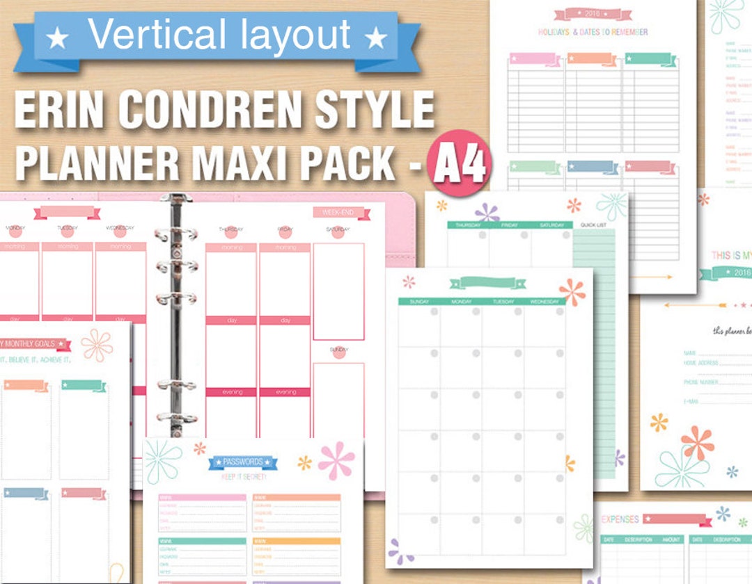 Erin Condren Style A4 Planner Vertical Layout Maxi Pack Size Week on ...