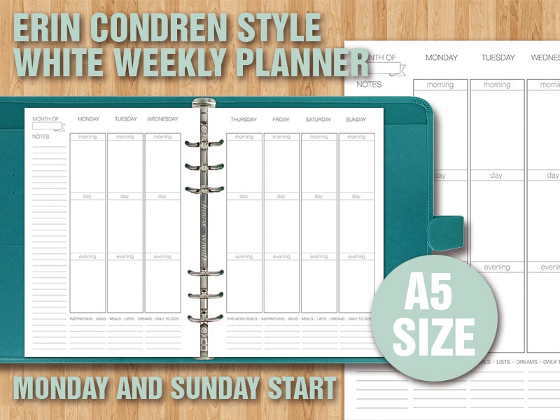 Erin Condren Style Printable Weekly Planner - A5 Size - WHITE VERSION ...