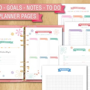 May include: A set of printable A5 planner pages with a floral design. The pages include sections for goals, notes, to-do lists, and contact information. The pages are designed for use in a 2016 planner.