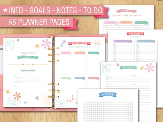 Erin Condren style To do list set printable planner pages a5 monthly goals ruled dotted squared notes birthday contacts pages planner bundle