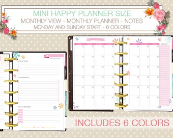 Mini happy planner printable monthly planner on 4 pages notes to do list monday start sunday start