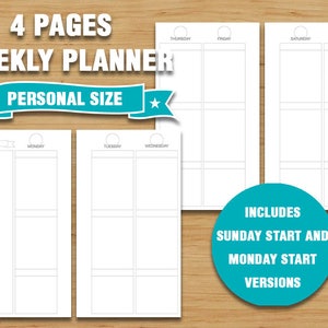 Op de afbeelding: Vier pagina's printable weekplanner in persoonlijke maat. Bevat zowel zondagstart als maandagstart versies. De planner heeft een eenvoudig ontwerp met een witte achtergrond en grijze lijnen.