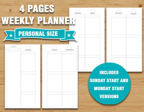 Erin Condren style weekly planner personal size black and white printable minimal week on 4 pages monday and sunday start