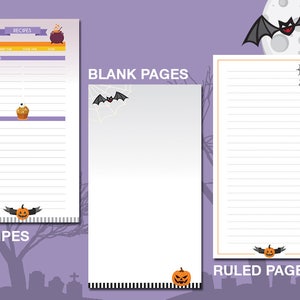 Puede incluir: P&aacute;ginas de planificador imprimibles con tem&aacute;tica de Halloween con fondo morado. Las p&aacute;ginas incluyen una plantilla de receta con un caldero y una magdalena, una p&aacute;gina en blanco con un murci&eacute;lago y una p&aacute;gina rayada con una calabaza.