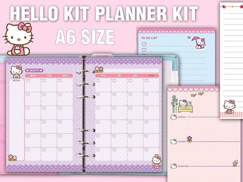 May include: A Hello Kitty planner kit in A6 size. The kit includes a monthly and weekly planner, a to-do list, and a daily planner. The planner pages are purple with white polka dots and pink hearts. The planner covers are pink with white polka dots.