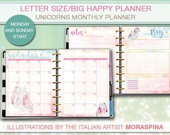 Big Happy Planner printable Unicorn Monthly Planner Inserts, Printable Refills Letter size Mambi PDF