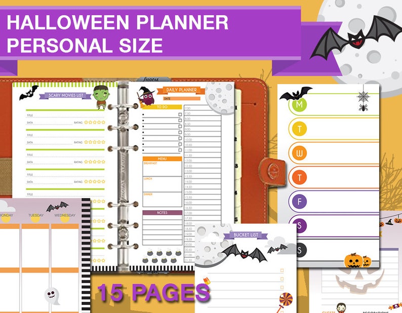 Puede incluir: Un planificador de Halloween con 15 p&aacute;ginas que presenta una variedad de dise&ntilde;os espeluznantes, que incluyen murci&eacute;lagos, calabazas, fantasmas y ara&ntilde;as. El planificador incluye secciones para tareas diarias, una lista de deseos y una lista de pel&iacute;culas de terror.