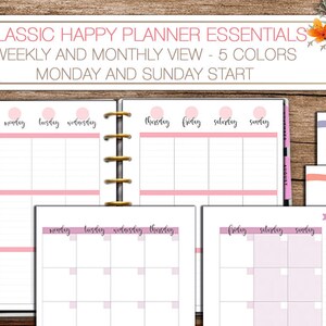 Puede incluir: Un conjunto de páginas de planificador imprimibles con vistas semanales y mensuales. Las páginas están diseñadas en cinco colores diferentes, con acentos rosa, morado, naranja y verde. Las páginas del planificador están diseñadas para comenzar el lunes y el domingo.
