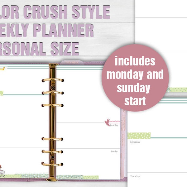 Printable weekly planner personal size color crush style undated week calendar sunday start monday start