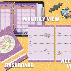 Puede incluir: Planificador de Halloween morado con vista mensual y semanal. La portada presenta una luna con dos personajes de dibujos animados vestidos de brujas. El texto en la portada dice "Halloween Planner" y "Dashboard".