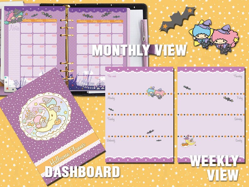 Puede incluir: Planificador de Halloween morado con vista mensual y semanal. La portada presenta una luna con dos personajes de dibujos animados vestidos de brujas. El texto en la portada dice "Halloween Planner" y "Dashboard".