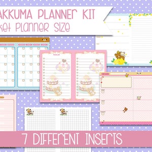 May include: A set of 7 printable planner inserts featuring the Rilakkuma character. The inserts include a monthly calendar, weekly planner, to-do list, and more. The inserts are designed for pocket-sized planners.
