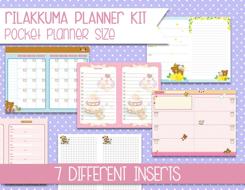 May include: A set of 7 printable planner inserts featuring the Rilakkuma character. The inserts include a monthly calendar, weekly planner, to-do list, and more. The inserts are designed for pocket-sized planners.