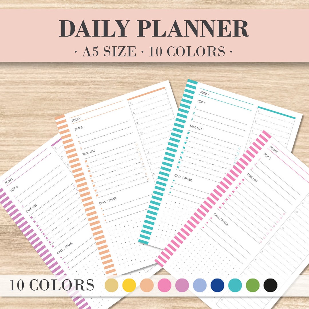 Daily Planner Printable Pages, A5 Size, 10 Colors, Hourly Layout ...