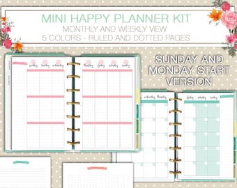 Mini Happy planner printable kit weekly and monthly planner inserts ruled and dotted pages PDF instant download mambi planner