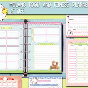 a5 health planner, kawaii food and and fitness printable planner, food journal, health tracker, meal planner, workout log