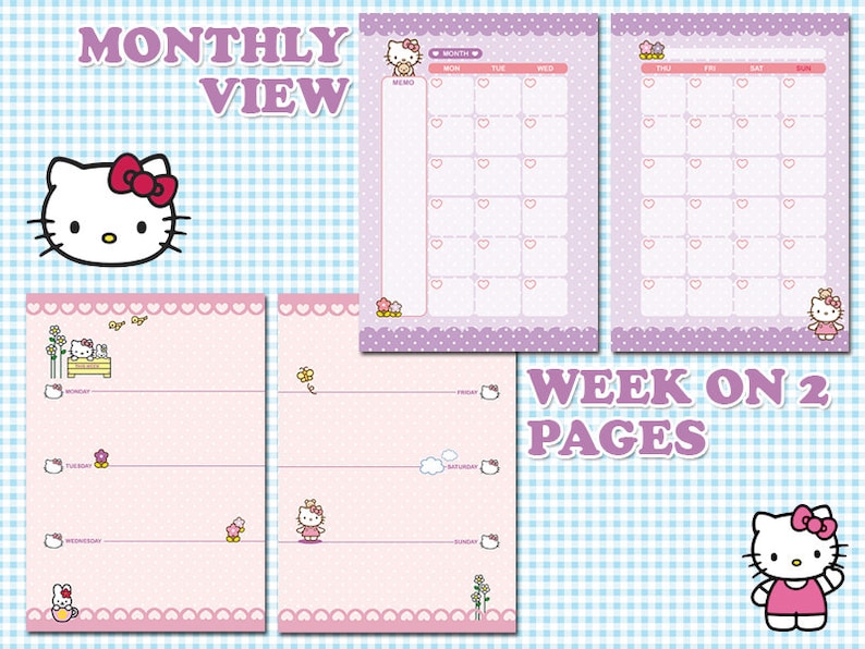 May include: A pink and purple planner with a monthly view and a weekly view over two pages. The planner features a Hello Kitty character on the cover and throughout the pages.