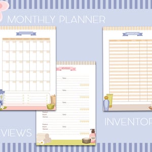 May include: Printable monthly planner, inventory and reviews pages with a spa theme. The pages feature illustrations of candles, lotions, and towels.
