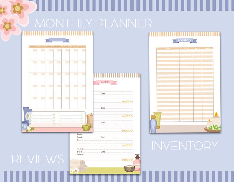 May include: Printable monthly planner, inventory and reviews pages with a spa theme. The pages feature illustrations of candles, lotions, and towels.