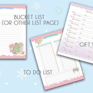 Puede incluir: Un conjunto imprimible de tres listas de tareas para Navidad en rosa y morado. Las listas incluyen una lista de deseos, una lista de tareas y una lista de ideas para regalos. Cada lista presenta una ilustraci&oacute;n de dibujos animados de los personajes de Little Twin Stars.