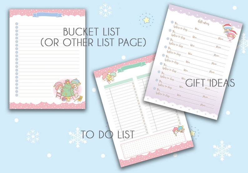 Puede incluir: Un conjunto imprimible de tres listas de tareas para Navidad en rosa y morado. Las listas incluyen una lista de deseos, una lista de tareas y una lista de ideas para regalos. Cada lista presenta una ilustraci&oacute;n de dibujos animados de los personajes de Little Twin Stars.