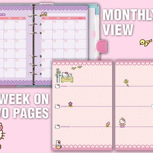 May include: A pink and purple Hello Kitty planner with a monthly view and a weekly view on two pages. The planner has a polka dot pattern and features Hello Kitty illustrations.