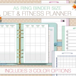 May include: A5 ring binder size diet and fitness planner with a weekly meal planner and progress tracker. The planner has a light blue cover with a gold ring binder. The planner includes three color options.