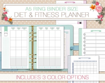 Fitness diet planner printable a5 health planner food journal health tracker meal planner workout log habit tracker weight loss tracker