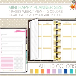 Mini happy planner printable undated weekly planner on 4 pages with pullout vertical layout WO4P notes and tracker