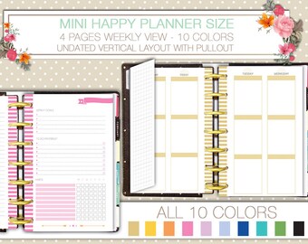 Mini Happy Planner - Insertos Semanales / Diseño semanal de 4 páginas sin fecha con notas verticales y registro de hábitos, recambios imprimibles