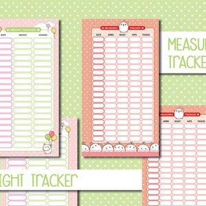 May include: Printable weight and body measurements tracker with a pink and green color scheme. The tracker has a cute cartoon bunny design and includes sections for date, weight, change, arms, waist, hips, and thighs.