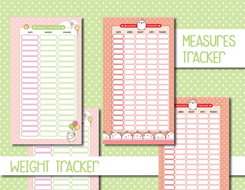 May include: Printable weight and body measurements tracker with a pink and green color scheme. The tracker has a cute cartoon bunny design and includes sections for date, weight, change, arms, waist, hips, and thighs.