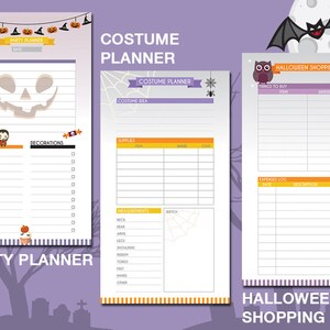 Puede incluir: Planificador de fiesta de Halloween imprimible con secciones para invitados, decoraciones, men&uacute;, suministros, ideas de disfraces, medidas y una lista de compras. El planificador presenta una linda calabaza de dibujos animados y un murci&eacute;lago.