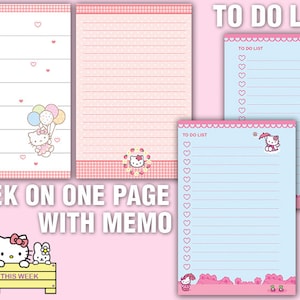 May include: A printable planner featuring Hello Kitty. The planner includes a weekly calendar, a memo section, and two to-do lists. The planner is pink and blue with a polka dot pattern.