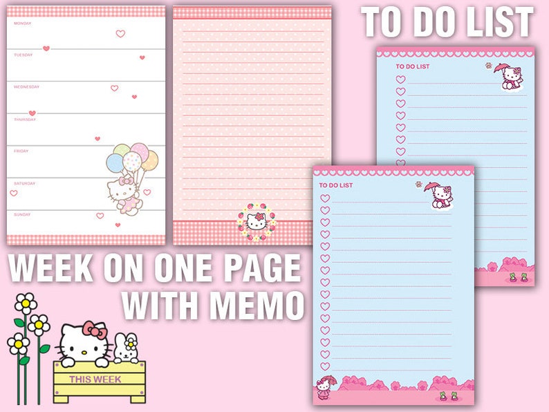 May include: A printable planner featuring Hello Kitty. The planner includes a weekly calendar, a memo section, and two to-do lists. The planner is pink and blue with a polka dot pattern.