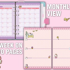 May include: A pink and purple Hello Kitty planner with a monthly view and a weekly view on two pages. The planner has a polka dot pattern and features Hello Kitty illustrations.