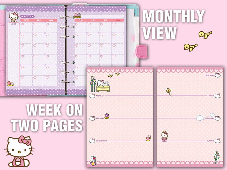 May include: A pink and purple Hello Kitty planner with a monthly view and a weekly view on two pages. The planner has a polka dot pattern and features Hello Kitty illustrations.