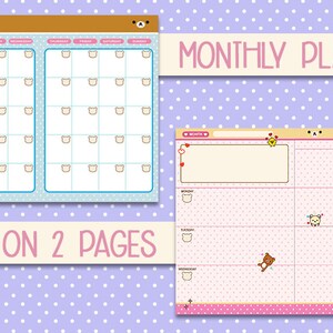 May include: A printable monthly planner with a cute bear theme. The planner has a pink and white polka dot background with a yellow and brown border. The planner includes a monthly calendar, a weekly planner, and a notes section. The text "MONTHLY PLANNER" is at the top of the page.