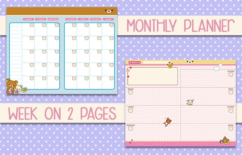 May include: A printable monthly planner with a cute bear theme. The planner has a pink and white polka dot background with a yellow and brown border. The planner includes a monthly calendar, a weekly planner, and a notes section. The text "MONTHLY PLANNER" is at the top of the page.