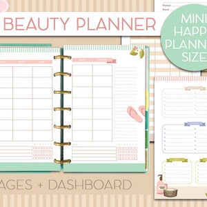 May include: A printable beauty planner with a pink and green color scheme. The planner has a weekly layout with sections for face, body, hair, nails, and other. The planner also includes a monthly calendar and a dashboard. The planner is designed for use with a mini happy planner size.