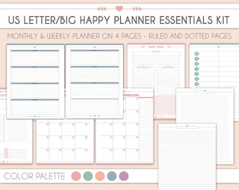 Big Happy planner essential pack, horizontal weekly planner monthly planner printable US letter planner inserts Notes Planner pack